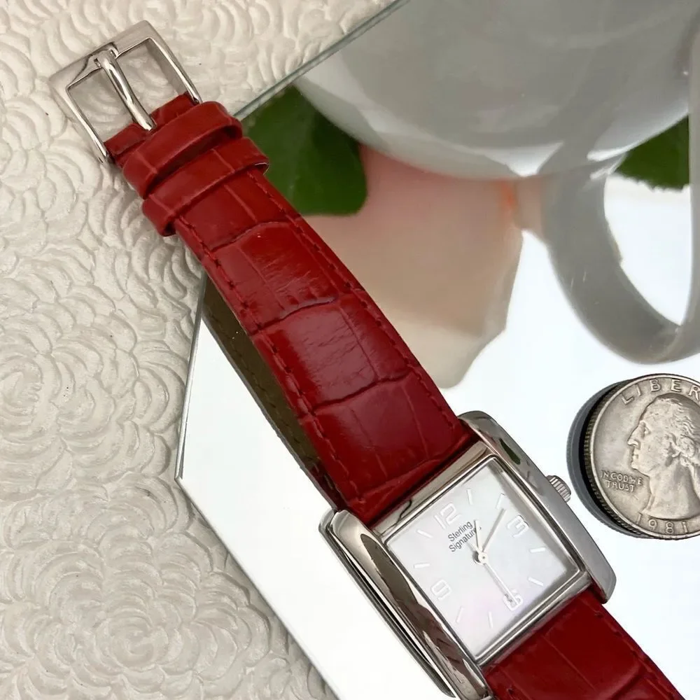 Sterling Signatures 925 Silver Tank Style Watch Mother of Pearl Dial Red Leather - Picture 13 of 16